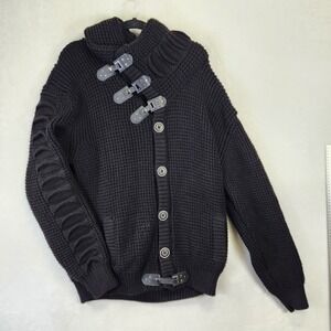 LCR Black Edition Chunky Ribbed Knit Buckle Cardigan Sweater Black 3XL